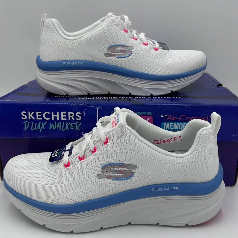 Skechers D'Lux Walker Sneakers Womens 9.5 White Blue Infinite Motion 149368 NEW